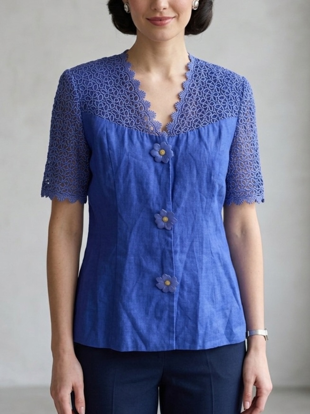 Vintage La Jolie Linen Lace‎ Yoke Button-Front Short Sleeve Shirt Top Size 14 XL